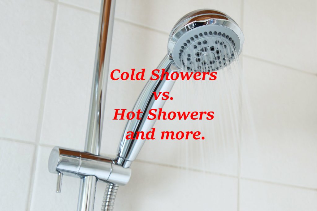 A shower head with running water. Cold Showers vs Hot Showers and more is written in the middle of the picture