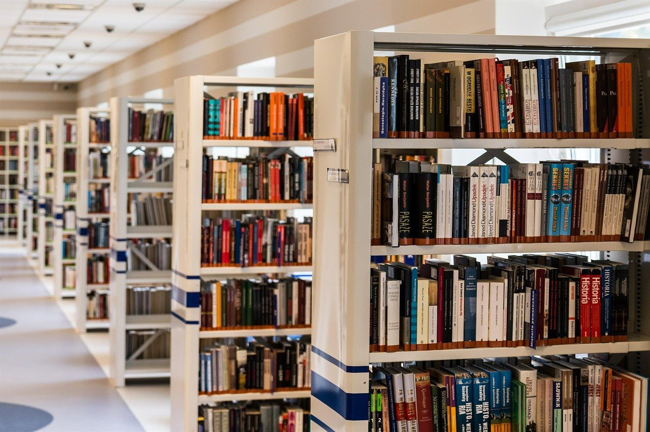 Free Physical book. An isle to the left of the image that leads to many other isles in the middle of the shelves of books that form them