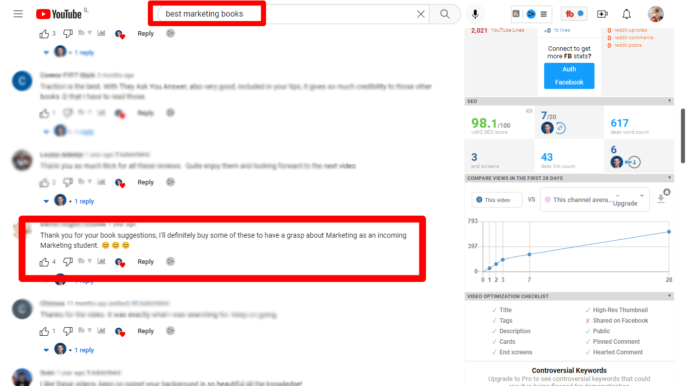 A circled comment on Rick Kettner's YouTube video
